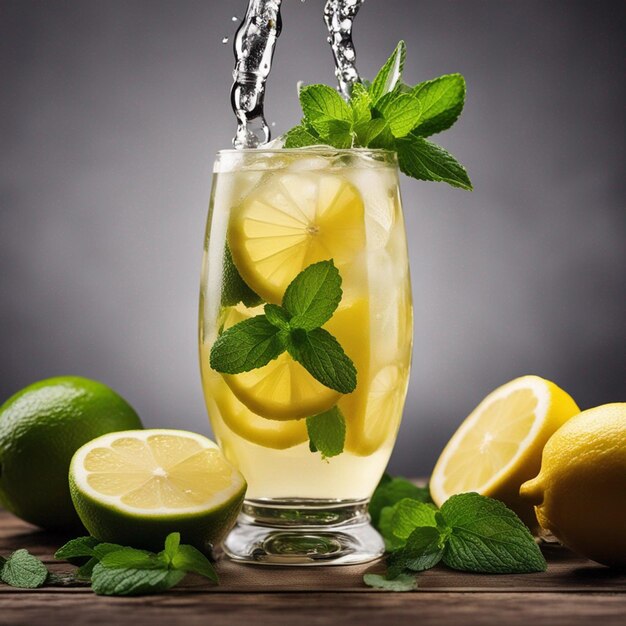 salpicando limonada con menta y limones en la mesa de madera aislada en un negro