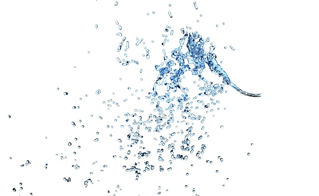 salpico de água 3d transparente água azul clara espalhada isolada em fundo branco ilustração de renderização 3d