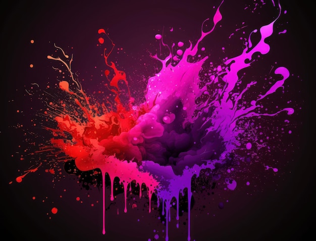 Salpico vermelho roxo de fundo Holi e IA generativa de fundo preto