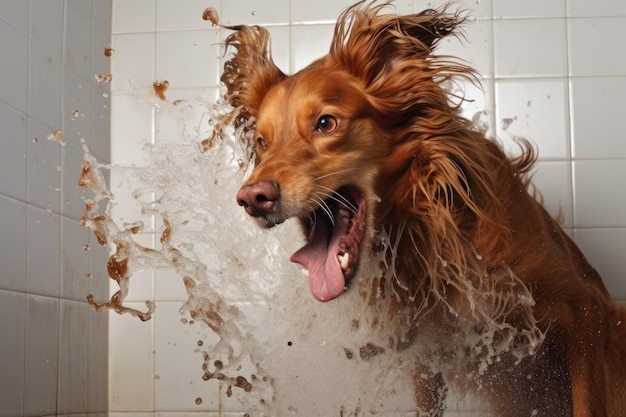 Salpicos de água contra uma parede de azulejos por causa do shake de cachorro