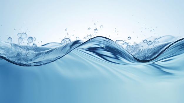 Salpicos de água e gotas isoladas em fundo branco abstrato com onda de água azul