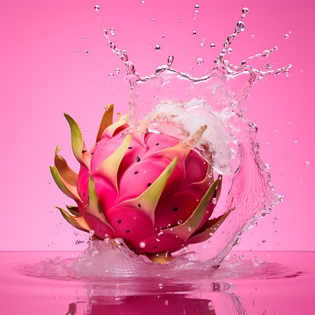 Salpicos de água em frutas maduras de pitaia ou fruta de dragão isoladas em fundo rosa