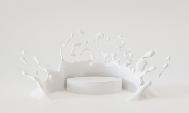 Salpicos de leite no pódio branco isolado no fundo branco, renderização em 3D