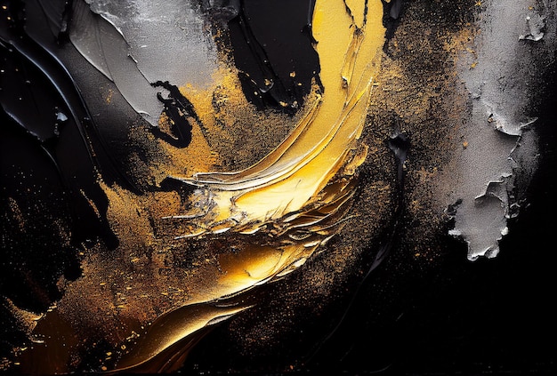 Salpicos de tinta brilhante na telaCores douradas pretas e cinzas Pintura interior Fundo bonito Generative AI