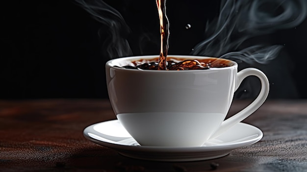 Salpicos e rajadas de café com sabor quente com fumaça de vapor em uma xícara branca em um fundo escuro Criado com tecnologia Generative AI