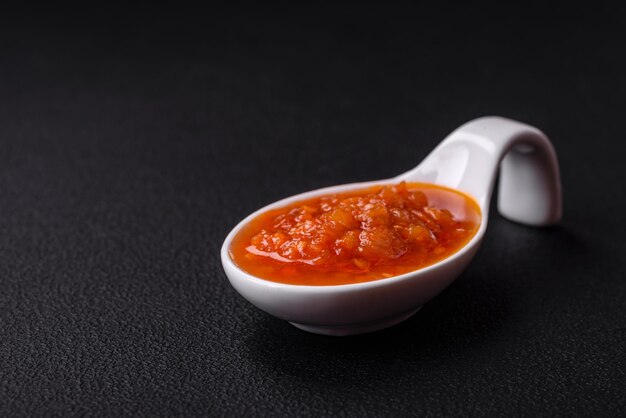 Foto salsa adjika roja o ketchup con especias y hierbas sobre un fondo de hormigón oscuro