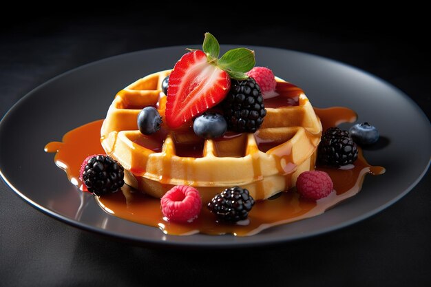 Salsa de arce de waffle con frutas de guarnición