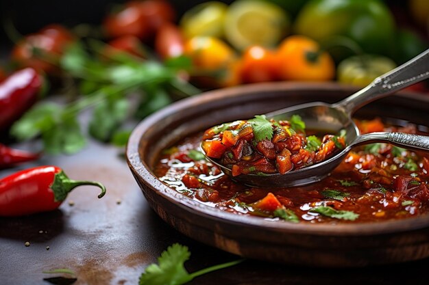 Salsa auf einem Teller neben gegrilltem Fleisch oder Gemüse