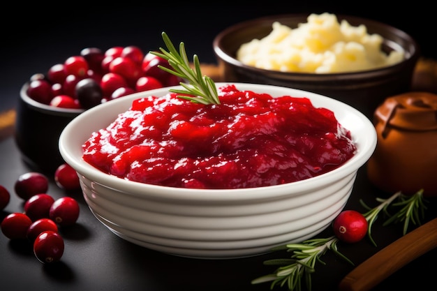 Salsa casera de arándanos rojos para la mesa de vacaciones de Acción de Gracias en un tazón de cerca