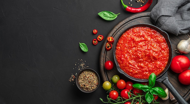 Salsa casera clásica italiana con albahaca y pimienta sobre fondo negro. Salsa marinara. Aderezo para pasta, pizza.