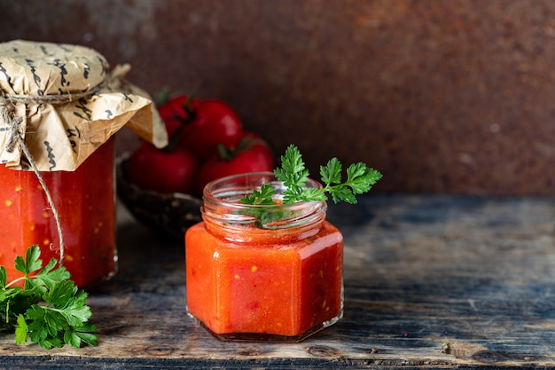 Salsa casera de tomates rojos maduros en frascos de vidrio