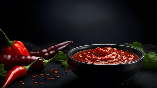 Foto salsa de chile en un pequeño cuenco blanco aislado sobre un fondo oscuro