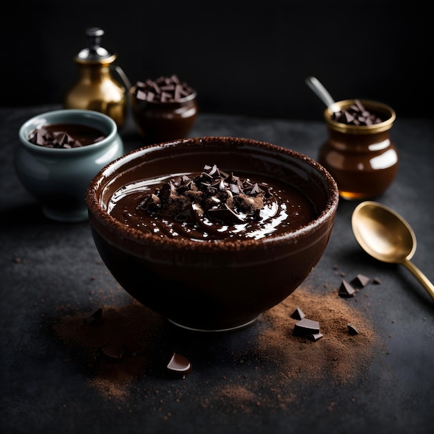 Salsa de chocolate amargo en un bol