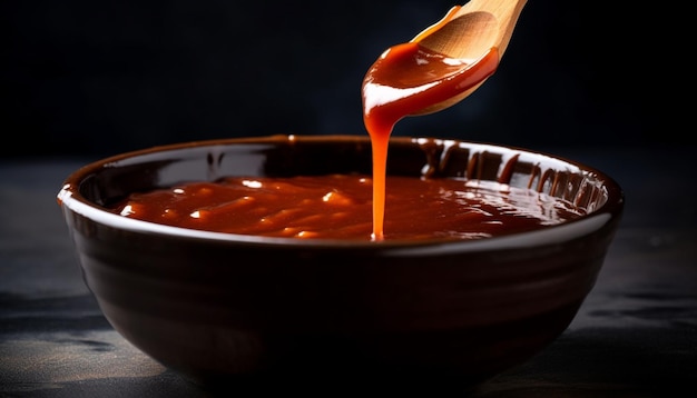 Foto salsa de chocolate orgánico que se vierte sobre un postre de fruta dulce generado por ia