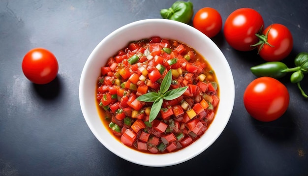 Salsa de tomate picante caseira com legumes, ervas e azeite com copyspace
