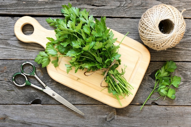 Salsa em uma tábua de cortar em uma mesa de madeira cinza