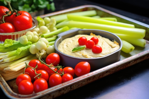 Foto salsa de hummus con rábanos, tomates cherry y endibias en una bandeja de metal