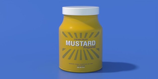 Salsa de mostaza en jarrón de plástico sobre fondo azul ilustración 3d