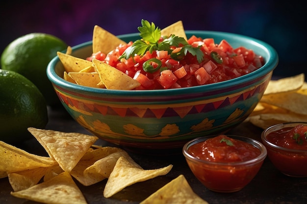 Salsa y patatas fritas para el bocadillo de la noche de la película