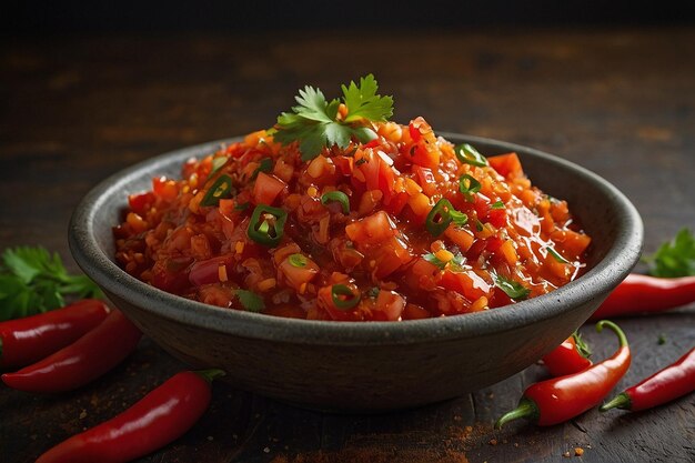 Foto salsa picante con guarnición de pimienta