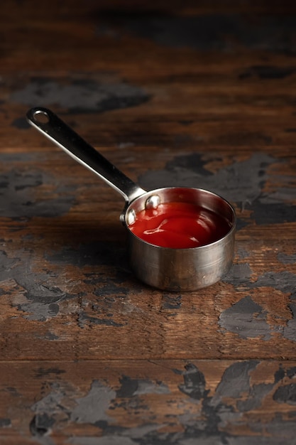 Salsa de queso mostaza crema agria tomate salsa agridulce sobre un fondo de madera