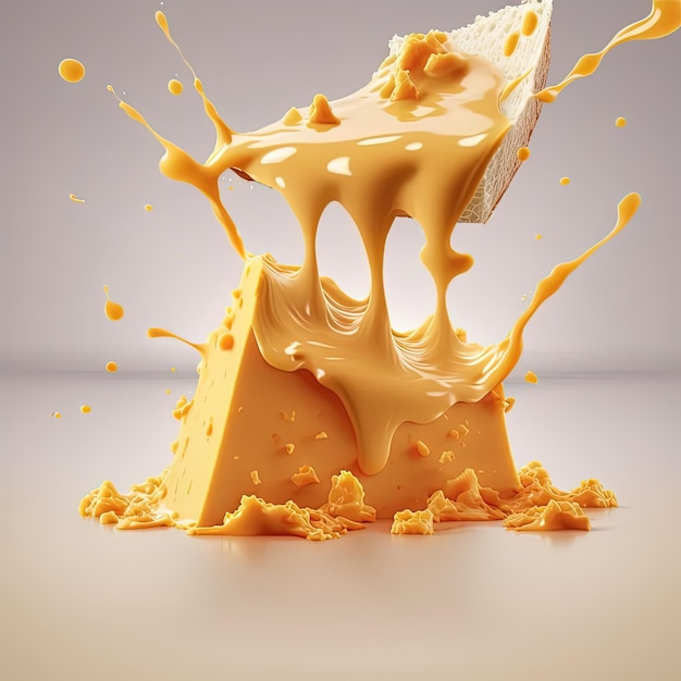 Salsa de queso salpicando en el aire con ilustración de representación 3d de queso cheddar