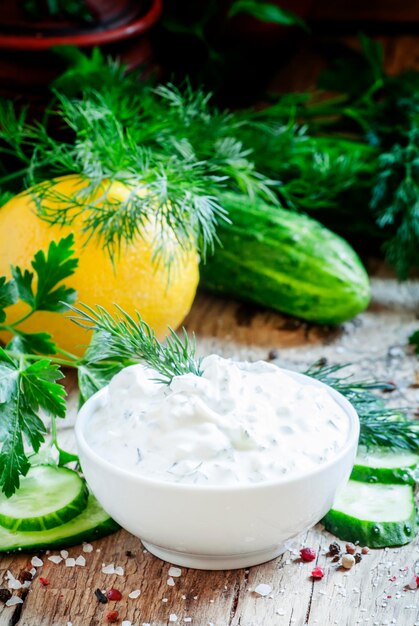 Salsa ranchera en un tazón de porcelana blanca con verduras, hierbas y especias en una mesa de madera antigua, enfoque selectivo