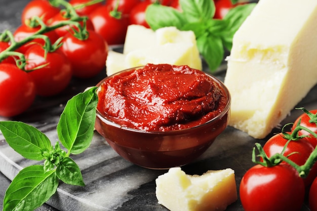 Salsa de tomate en un bol sobre una casa con textura de mármol con ingredientes para cocinar