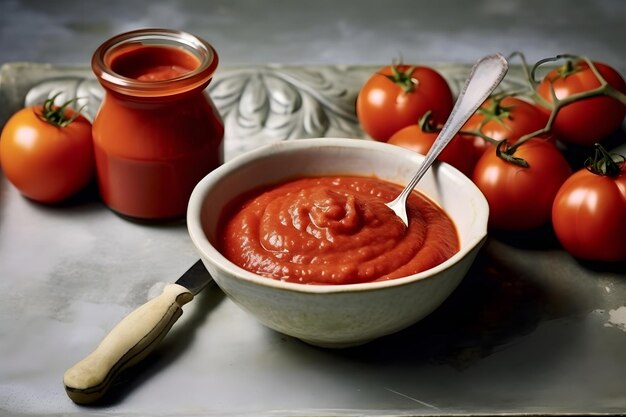 Salsa de tomate en un cuenco sobre un fondo gris