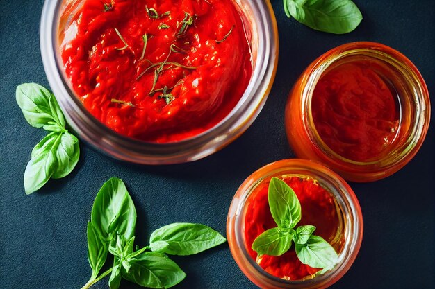 Salsa de tomate fresca en la mesa
