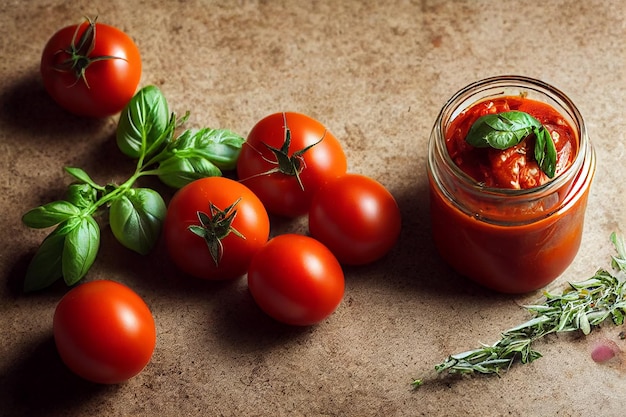 Salsa de tomate fresca en la mesa