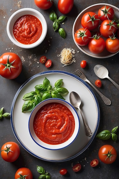 Salsa de tomate fresca en la mesa