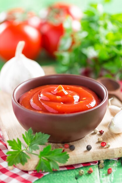 Salsa de tomate fresca sobre una mesa