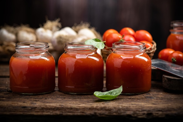 Salsa de tomate fresco y jugo sobre un fondo de madera