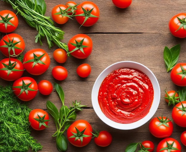 Foto salsa de tomate ketchup e ingredientes en una vista superior de fondo de madera