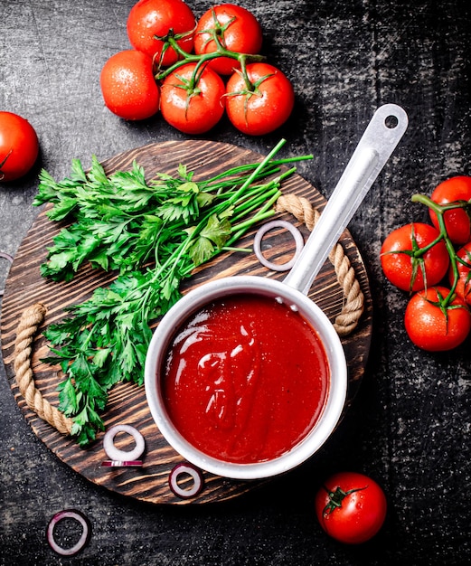 Salsa de tomate con perejil y aros de cebolla en la bandeja