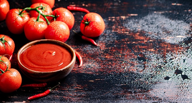 Foto salsa de tomate en un plato con bandejas de pimiento rojo