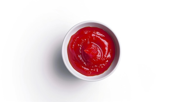 Salsa de tomate roja o ketchup en cuenco de cerámica aislado sobre un fondo blanco Vista superior F IA generativa