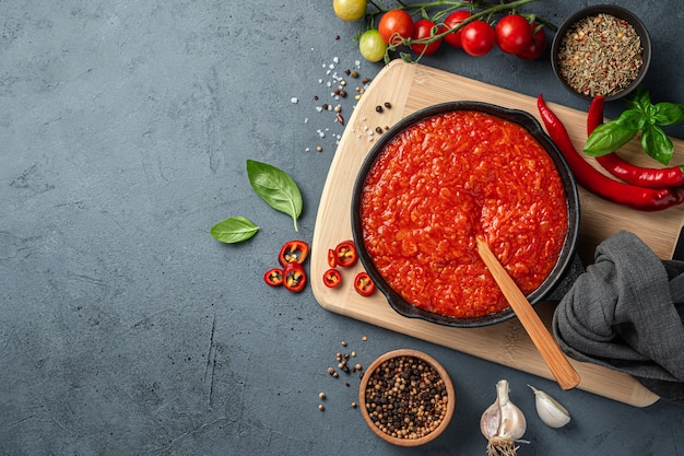 Salsa de tomate en una sartén e ingredientes sobre un fondo gris azulado. Vista superior, espacio de copia. Salsa marinara italiana.