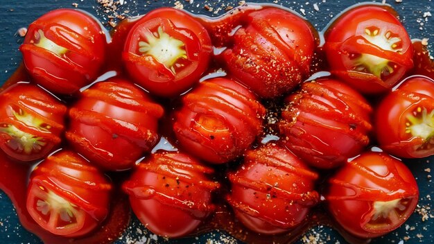 Foto salsa de tomate de vista frontal con tomates rojos frescos en superficie azul oscuro tomate de color rojo condimento pimienta