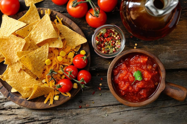 Salsa tradicional mexicana de molho de tomate com nachos e ingredientes tomates