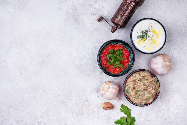 Salsas meze tradicionales turcas o árabes. Dip de berenjena baba ganoush, tzatziki y ezme de tomate