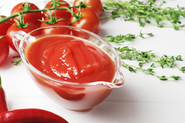 Foto salsera llena de deliciosa salsa de tomate sobre un fondo blanco de madera con ingredientes y especias para cocinar sobre un fondo blanco de madera