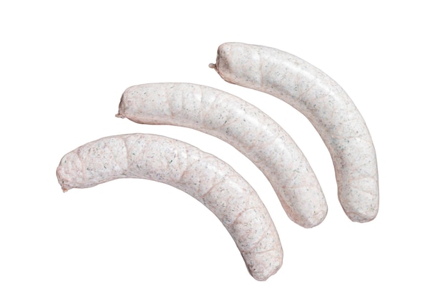 Salsicha branca alemã crua weisswurst na mesa da cozinha isolada no fundo branco