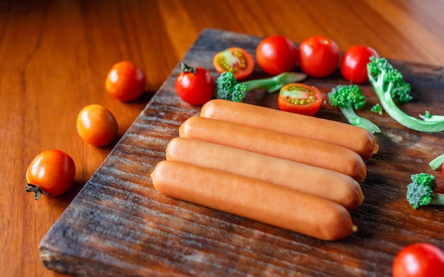 Salsicha crua em uma tábua de madeira com brócolis e tomate