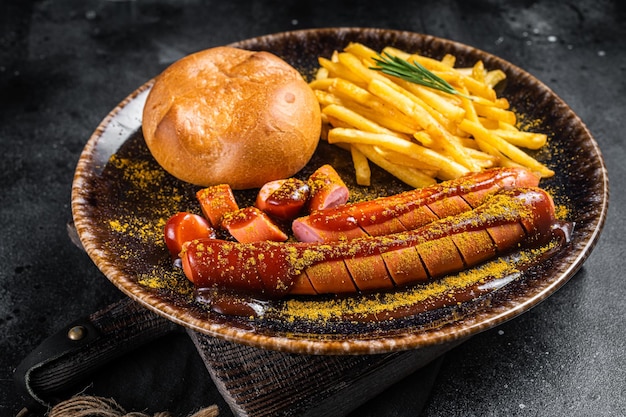 Salsicha currywurst alemão curry wurst servido com batatas fritas Fundo escuro Vista superior