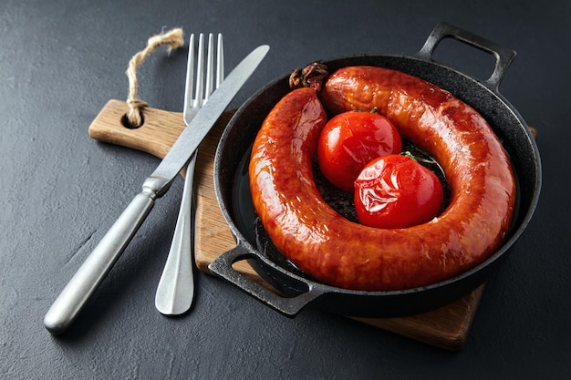 Salsicha de carne grelhada amarrada com um anel e tomates assados em uma panela de ferro fundido preto em uma tábua de madeira com talheres em uma mesa de pedra preta