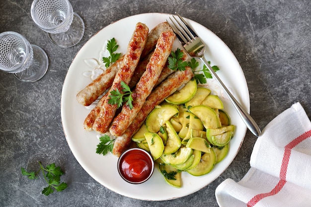 Salsicha de frango grelhado com salada de abobrinha