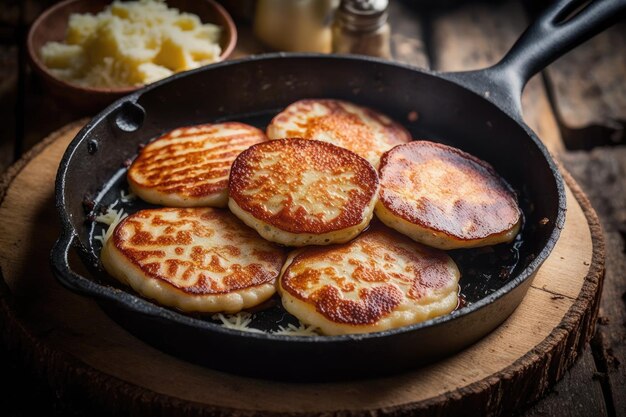 Salsicha de panquecas de batata lindamente dourada frita na frigideira