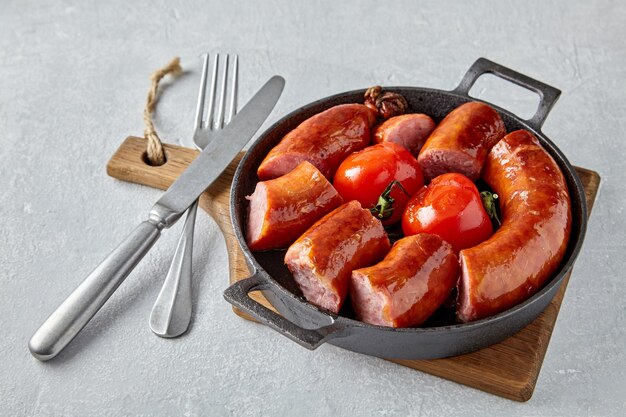Salsicha de porco frita amarrada com um anel e tomates assados em uma panela de ferro fundido preto com talheres em uma tábua de corte de madeira em uma mesa de pedra leve